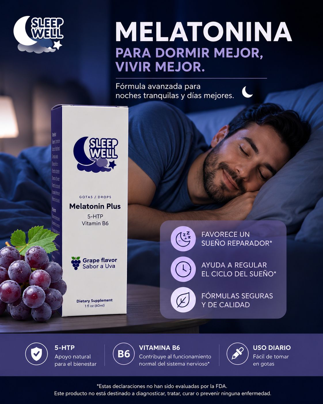 Sleep Well Melatonin Plus - Gotas para dormir mejor en Costa Rica. 5-HTP, Vitamina B6, Sabor a Uva. Pago al recibir.
