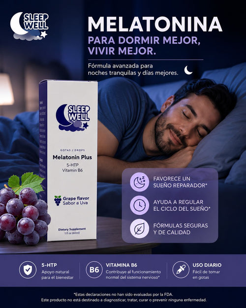 Sleep Well Melatonin Plus - Gotas para dormir mejor en Costa Rica. 5-HTP, Vitamina B6, Sabor a Uva. Pago al recibir.