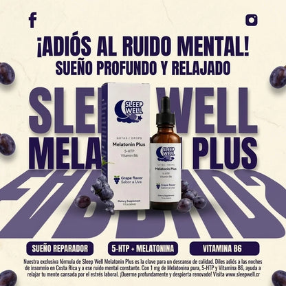 Sleep Well Melatonin Plus Costa Rica - Sueño reparador con 5-HTP, Melatonina y Vitamina B6. Fórmula sinérgica exclusiva.