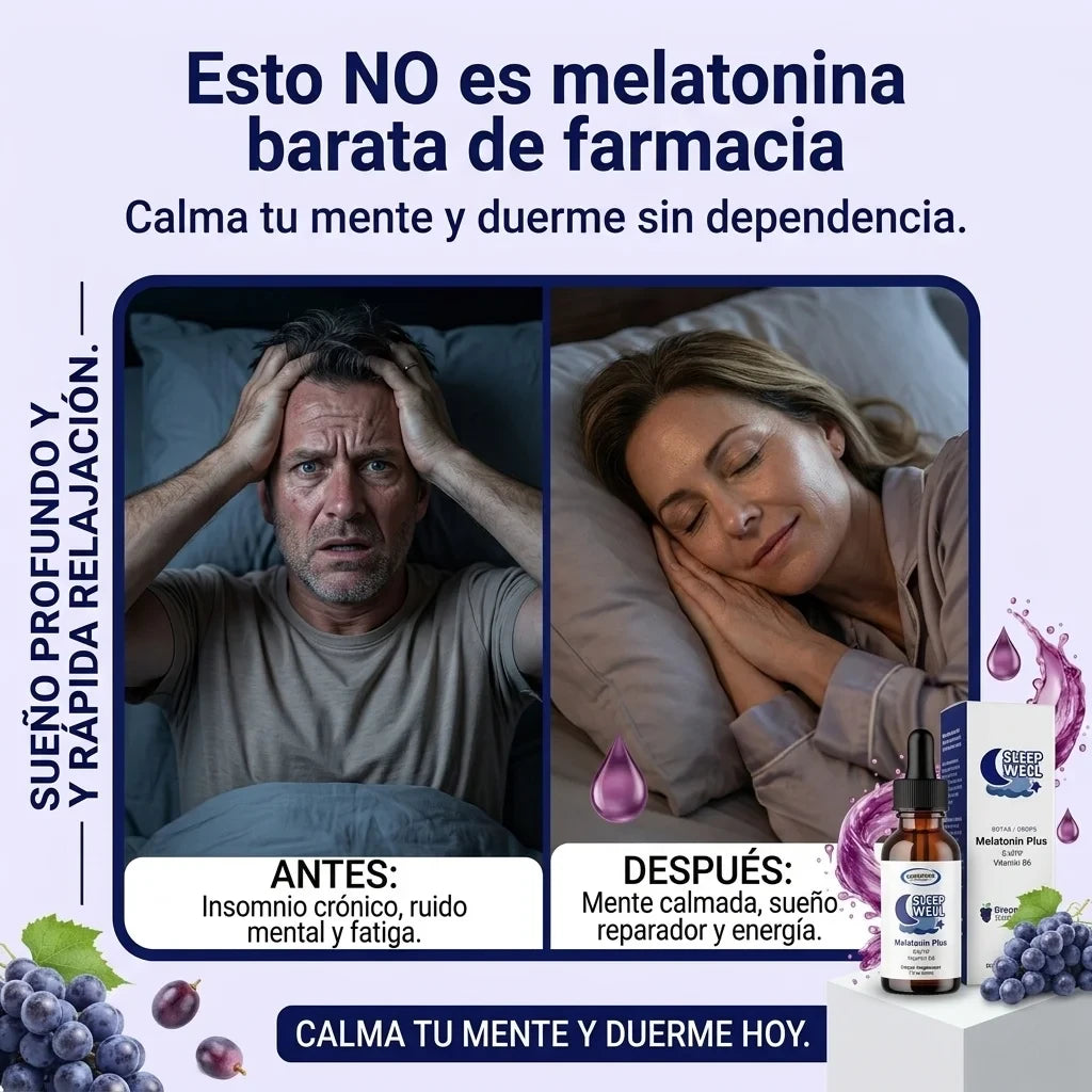 Esto NO es melatonina barata de farmacia. Antes: insomnio y fatiga. Después: mente calmada y sueño reparador. Sleep Well Melatonin Plus.