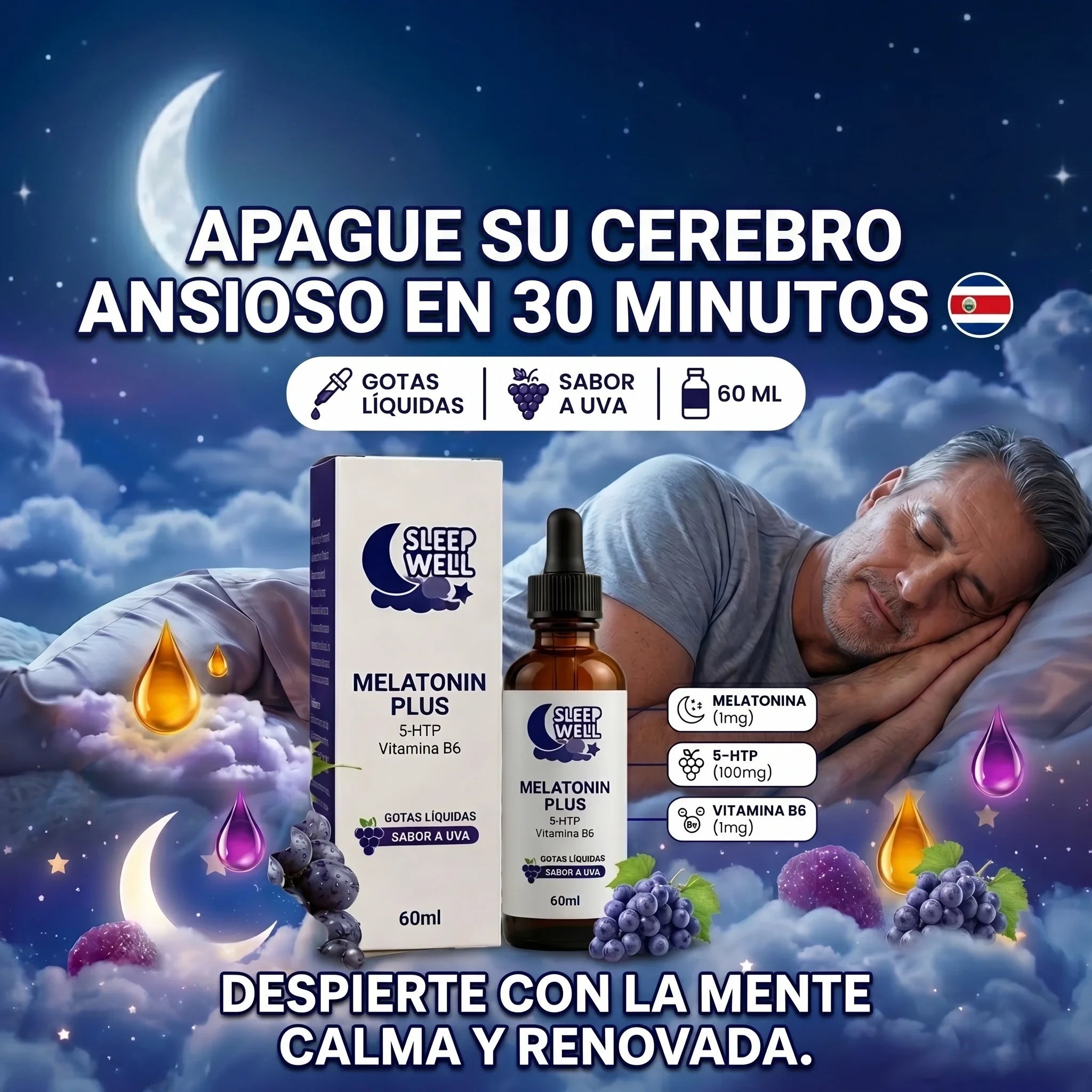 Apague su cerebro ansioso en 30 minutos - Sleep Well Melatonin Plus Costa Rica. Melatonina 1mg + 5-HTP 100mg + Vitamina B6. Despierte renovado.